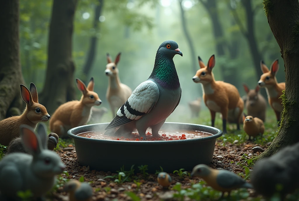 (masterpiece, best quality, ultra detailed, photorealistic, hyperrealistic photo:1.2), A pigeon is being boiled in a pot surrounded by animals, forest,