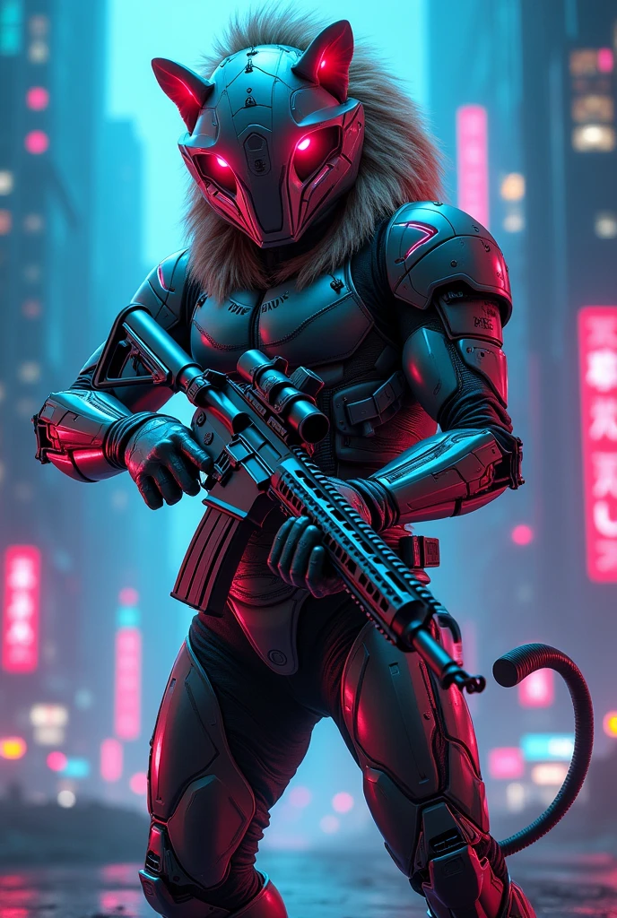 lion in white glossy cyborg halmet and costume red glowing eyes, using m416 in cyberpunk neon city with blue and pink light 