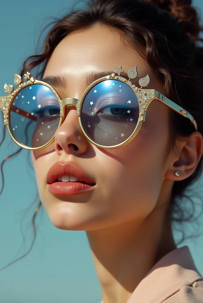 The model is wearing glass sunglasses with stars and the moon on the glass