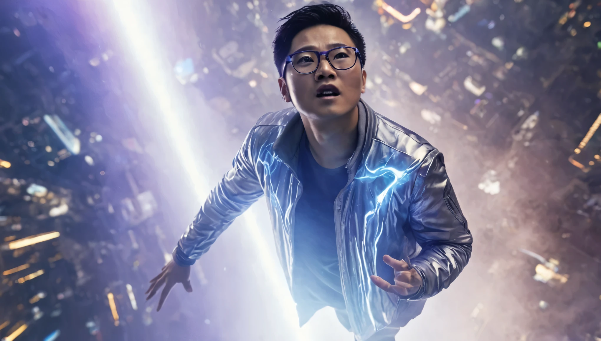 Realistic cinematic scene image of Asian man in silver Scifi jacket, wearing glasses, with some other people in the distance in a cool flying pose flying and looking up at the sky, a blue light beam from the sky in a dazzling streak of light from above to his face, cyberpunk city scene at night, LED billboards shining blue and purple light, hazy smoke, technological light rays surrounding the distance below
