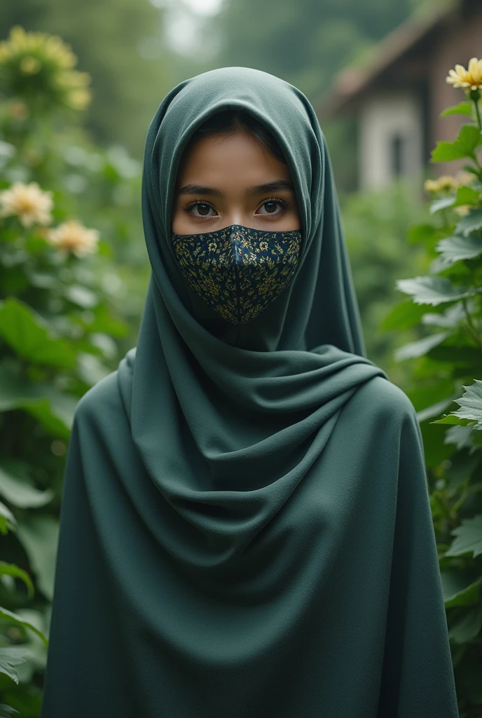 There is a hijabi girl standing in the garden, with a mask on her face