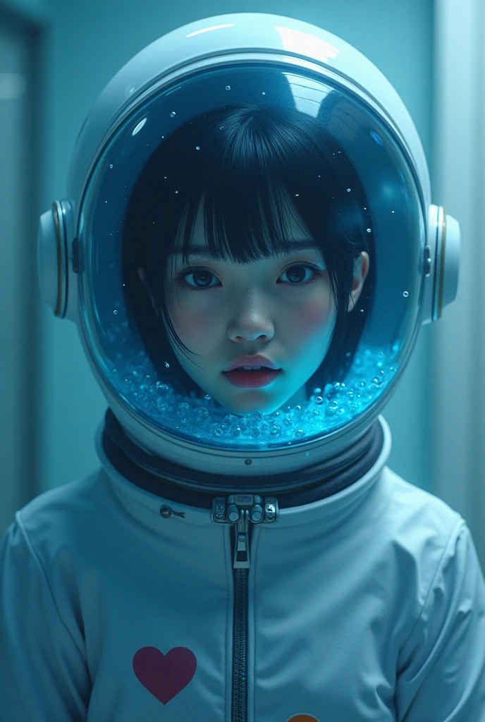 astronaut)bubble helmet, space helmet , , indoors,room, masterpiece, best quality, 1girl, solo, short hair, , ,(heart sayings:1.2), , trembling, HARD TO BREATH,, fog,water on the face, drowning, water torture, water in the helmet, blue visor helmet h(Face covered in blue water:1.3), Cute Japanese girl ,