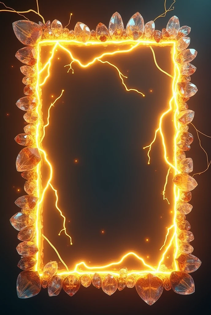 Yellow Lightning themed rectangular frame 4:3 ratio with diamond crystals and gems aesthetic and decorative and no background at all fully transparent background