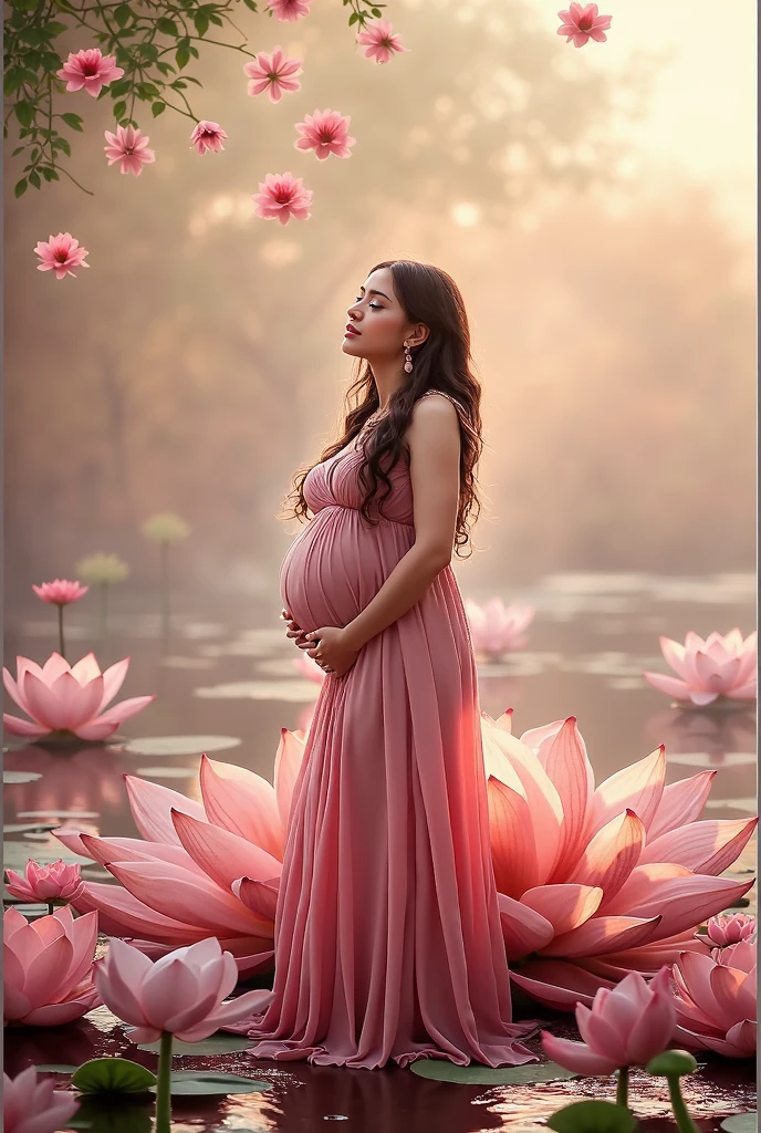 pregnant woman in pink dress standing in water with pink flowers, digital art by Kurt Roesch, pixabay contest winner, digital art, maternal photography 4 k, pink lotus queen, standing gracefully upon a lotus, lotus floral crown girl, pregnancy, pregnant, pregnant belly, lotus, standing on a lotus, with lotus flowers, sitting on a lotus flower, stunning photoshot
