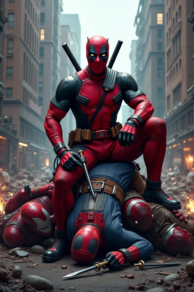 Make image of Deadpool kill all Avengers and sitting on them