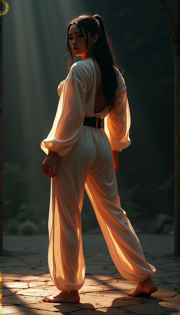 Realistic karateka woman, hokuto no shinken, light illuminates her sillhouette through her translucent clothes, busty, bootyful