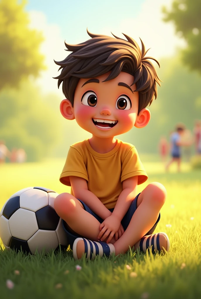 boy sitting happily beside soccer ball