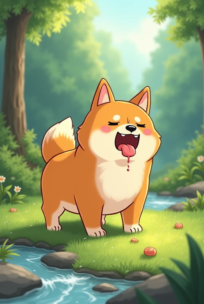 shiba inu dog, who vomits in a stream on the carpet.