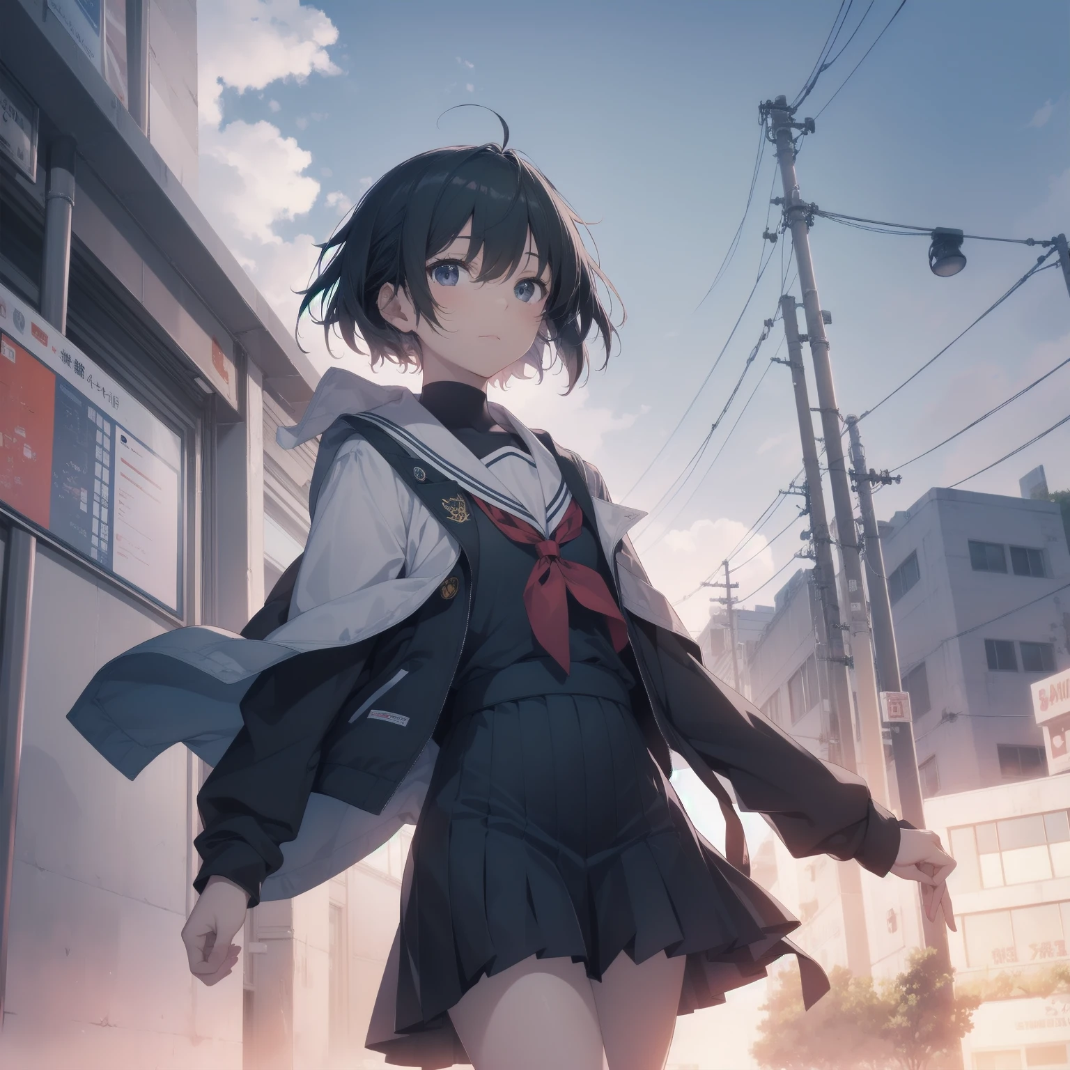 ultra-absurdres-Top quality by artist God, ultra-detailed, high resolution, anime moe artstyle, best anime 8k konachan wallpaper, pixiv contest winner, pool:2810, perfect anatomy,break, 1girl, (Please draw a girl walking sleepily to school alone. )break,(Solo,little female,15yo:1.3),Full limbs, ,a junior high school student, (very short hair), short cut, flat chest, , small butt, small black eyes, beautiful detailed eyes, well-proportioned iris and pupils, expressive eyes, highres detailed hair, soft expression, salor school_uniform, sailor collar, serahuku, bow, pleated skirt,(Detailed Lighting), (Detailed background), in the School commute route. break,super detailed skin, Best cinematic lighting powered by famous artist, 8k,beauty illustration,photoshop_(medium),very aesthetic,break,((artist:takeuchi_takashi )), artist:clamp ,artist:carnelian ,artist:kantoku ,