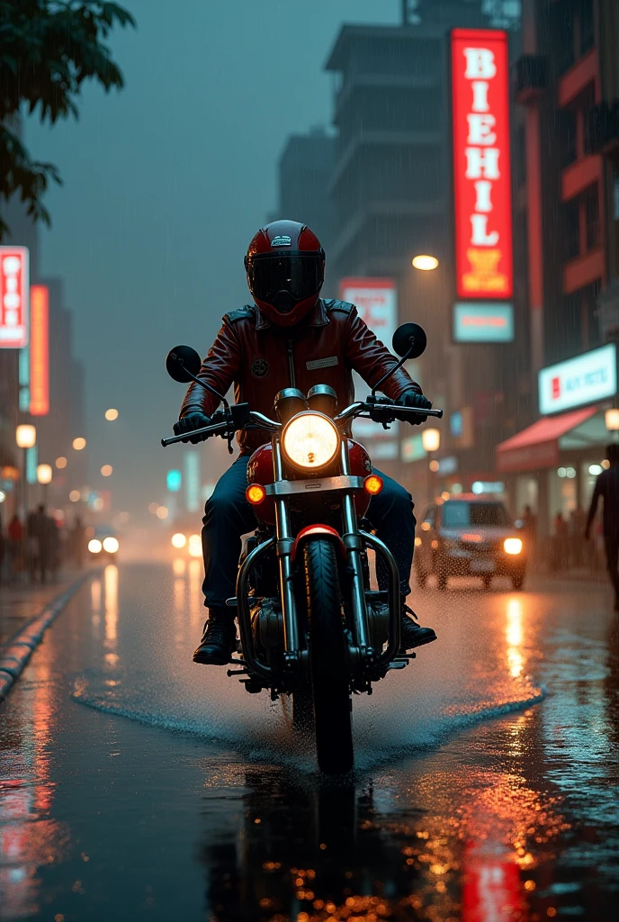 royal Enfield bullet with rain in Delhi City in night 