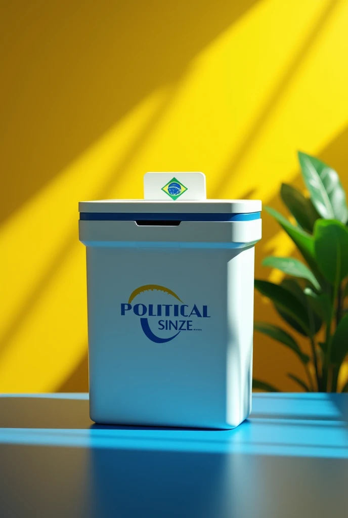 A Brazilian electronic ballot box on an executive desk, with yellow background, blue and green, with the political single logo 