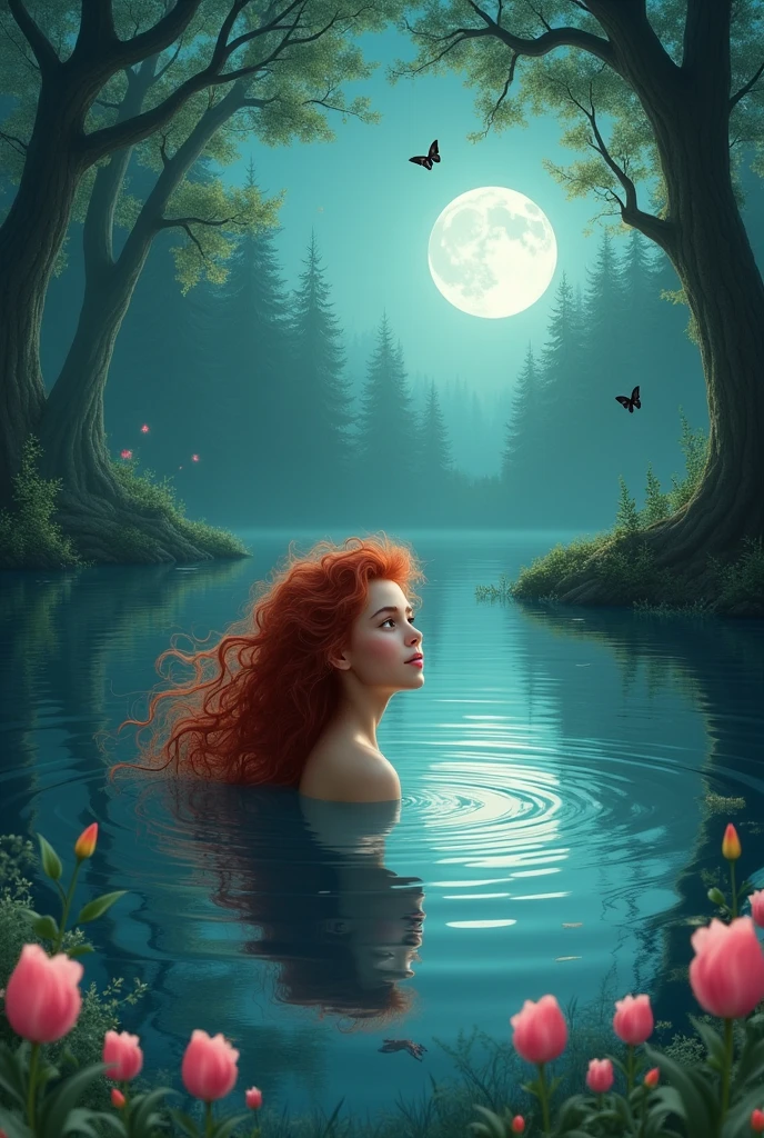 Green flowers trees wind moonlight a girl in the lake with curly red hair forest cinemas black butterflies and pink tulips