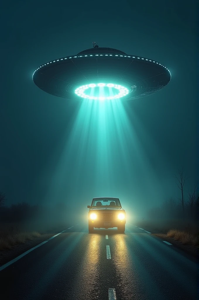 vehicle fleeing from a UFO in the middle of a deserted road, on a night in the 90s (detailed asphalt, detailed headlights, lights emanating from the UFO, dark, mystery)