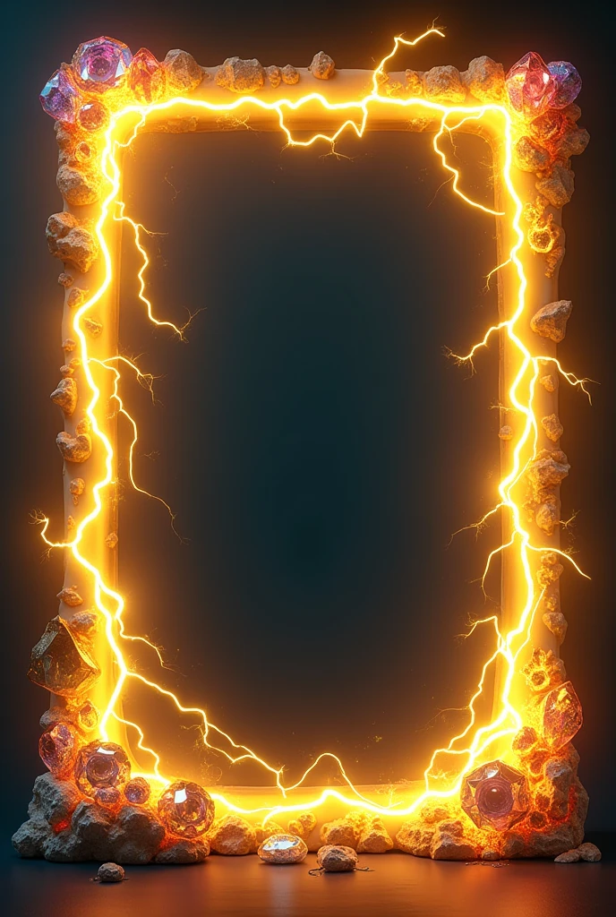 Yellow Lightning themed rectangular frame 4:3 ratio with diamond crystals and gems aesthetic and decorative and no background at all fully transparent background