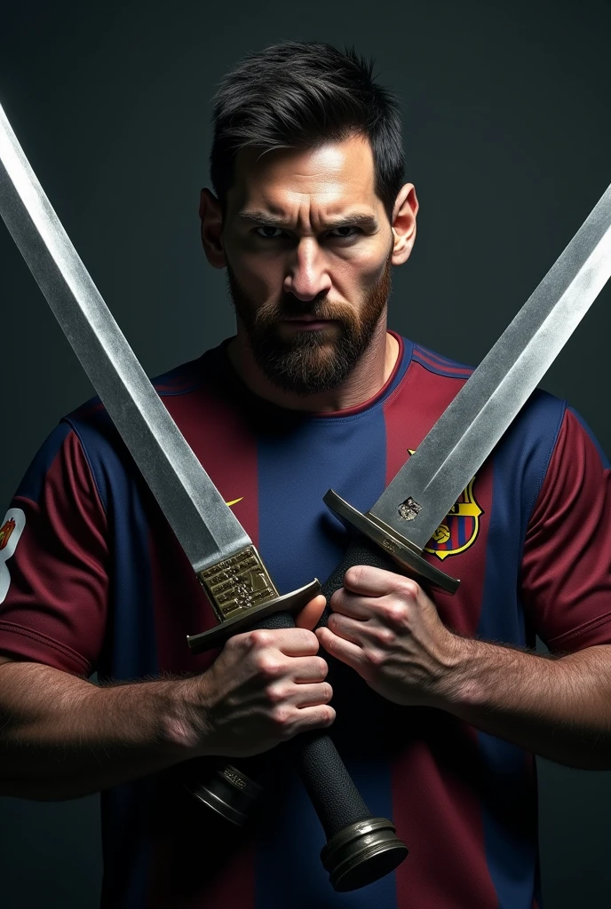 Messi with a big katana in his hand and a big gun in his another hand