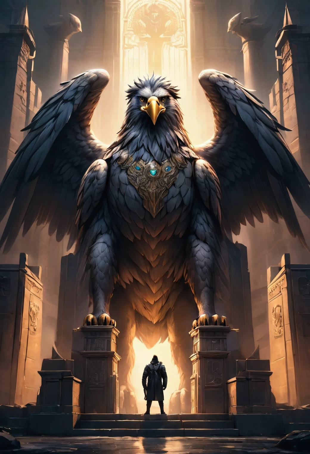 a majestic griffin, Eagle's head, beak, wings, with lion's body, standing guard at the gates of a mythical castle, embodying a powerful symbol of vigilance and strength as a sacred beast, cyberpunk style