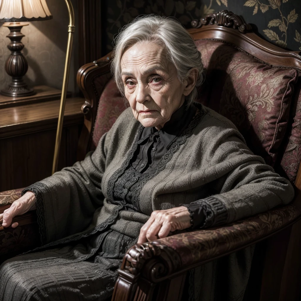 A Scary Old Lady, black, sitting in the armchair, holding cane, shady look, wrinkles, High definition, super defined, dark house, eyeshadows, antique decorations, pobres, chilling