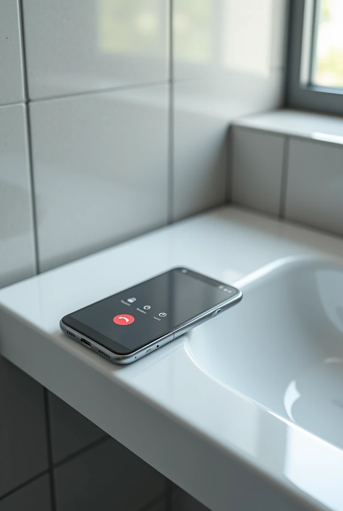 A phone on the sink has an incoming call.