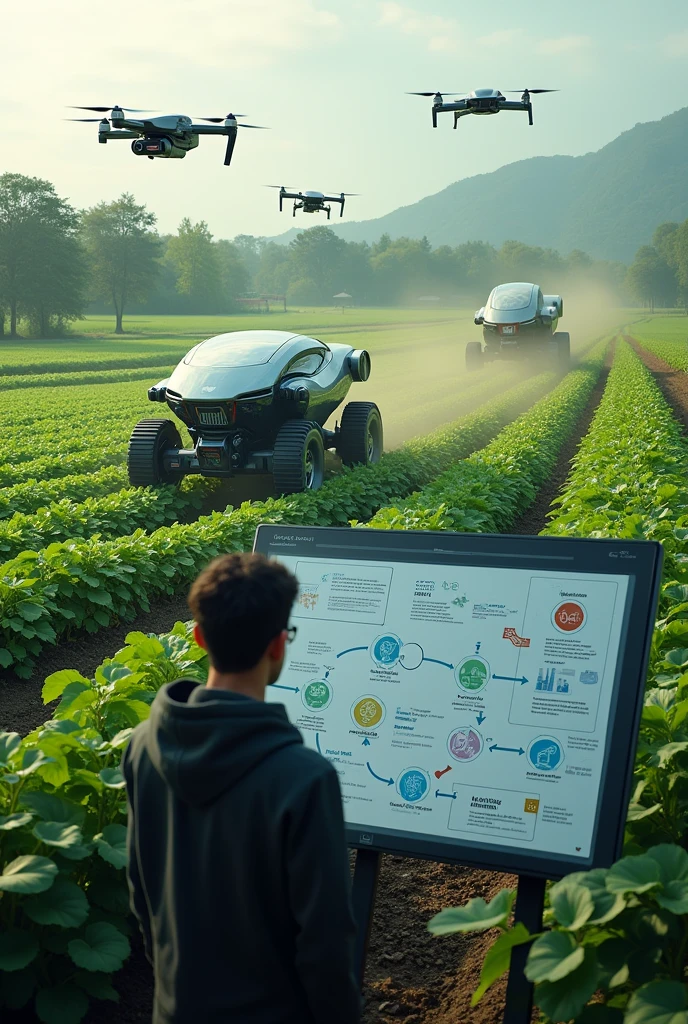 drones e Sensores:
drones: They are flying over the field and collecting data, with visible sensors.
Sensors not only: Placed between the plants, monitoring soil moisture and other conditions.
Agricultural robot:
A robot with a futuristic design is working on the ground. May be planting, cultivating or harvesting, with a screen on your dashboard that displays data graphs.
Control Panel:
A farmer or technician stands in front of a control panel or digital screen, where data is displayed and analyzed.
flowchart:
Position: Placed in the central or side part of the image.
Componentes do flowchart:
top: “Data Collection” (indicated by drones and sensors)
Data Processing: Arrows leading to a block representing “AI Processing” (a digital brain or neural network)
Analysis and Forecast: Setas indo para “Analysis and Forecast” (with graphs and data on the dashboard screen)
Recommended Actions: Setas para “Recommended Actions” (For example, adjustments in irrigation or cultivation practices)
Implementation: Setas que levam a “Implementation” (agricultural robot applying the recommendations)
Feedback and Adjustments: Setas voltando para “Data Collection” (representing the continuous cycle of data collection and adjustments)
Additional Elements:
Icons and graphics: Use icons to represent each step of the flowchart (For example, a chart icon for analysis, a gear icon for processing).
Integration with the Field: Make the flowchart arrows visually connect with the drones, sensors and the agricultural robot, showing the integration between technological processes and the agricultural environment.
This image should convey the idea of an integrated cycle where artificial intelligence processes and analyzes data to optimize agricultural practices., with a flowchart that clearly illustrates the steps of the process.