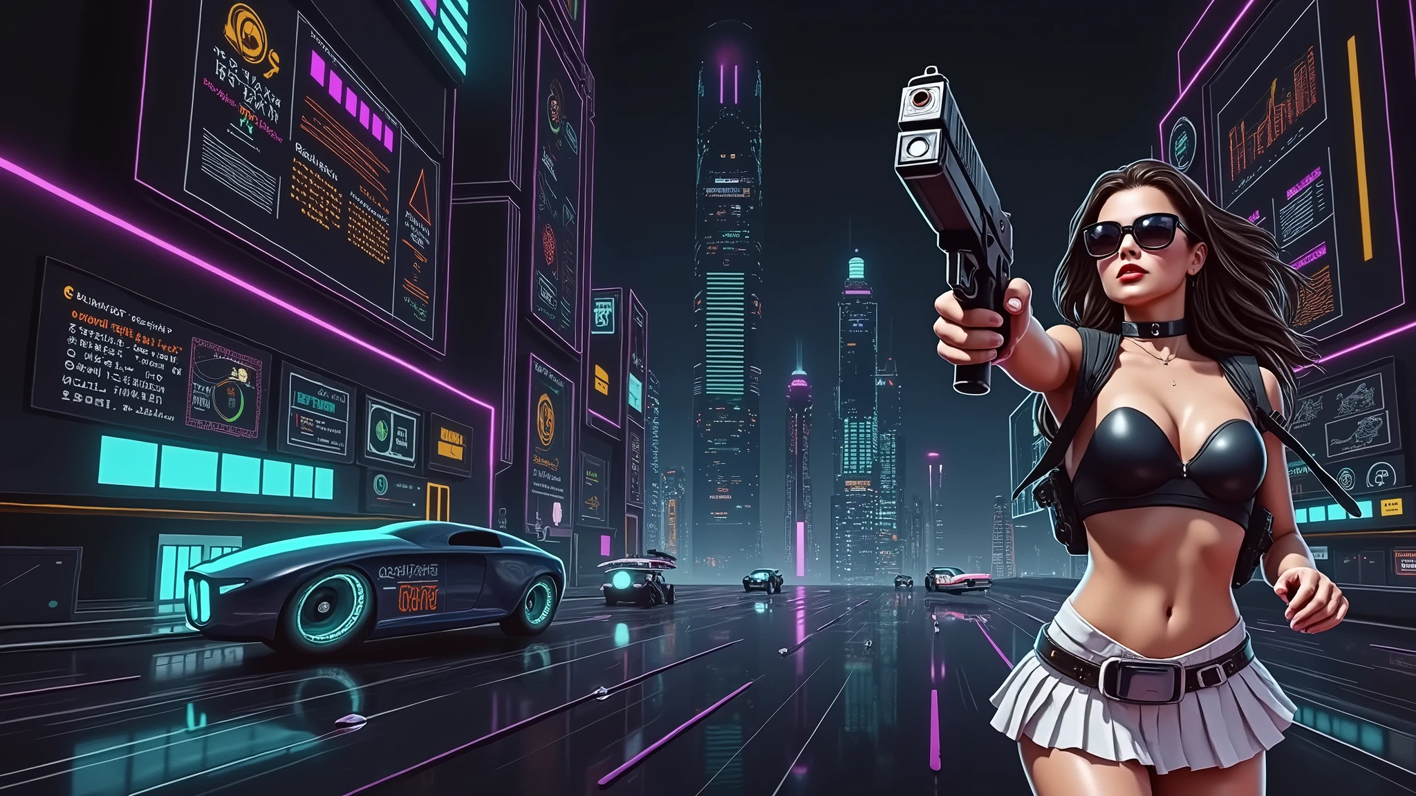 Futuristic cityscapes with colorful all-glass outlined towering skyscrapers with lightning, flying vehicle. High-resolution OLED GUI interfaces in the building, The windows are filled with transparent data visualization infographics that show it all, Egyptian fantasy arts, Egyptian statue, (Egyptian hieroglyphics). Colors are saturated and vibrant. At night, (1girl, solo, alone), photorealistic, large-breast slim:0.6 body, oval:0.5 face, cleavage:1.1, very low angle view of pleated miniskirt, deep-v, (upskirt), glove, (Matrix style black micro sunglasses), (aiming viewer with a short gun), dynamic running pose, (half-body thigh level close-up shot), cinematic lighting, ray tracing, motion blur background.