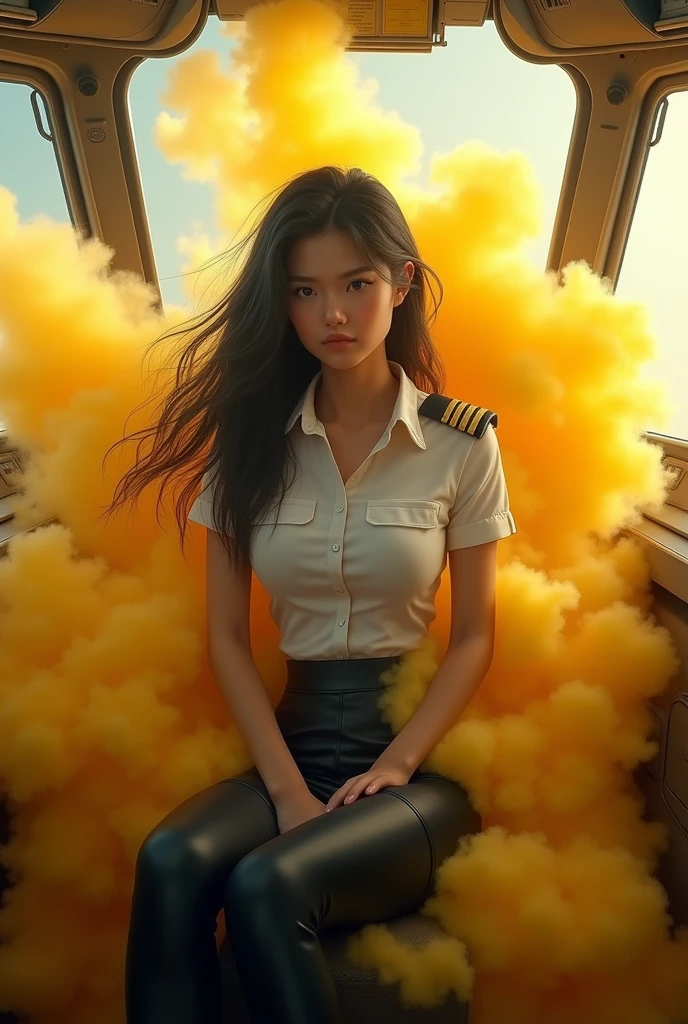 ((velocity)),Yellow smoke,Attacked by farts, (((Women farting))),(girl farting while sit captain seat and control the plane)),frowned,velocity,(Yellow smoke is rising))(a female pilot), (wearing a pilot uniform and legging),(sit facing the screen),(her butt facing the screen)) (long black hair),(Asian woman),(airplane cockpit ),(masterpiece:1.2、top-quality)、(the Extremely Detailed CG Unity 8K Wallpapers、Ultra-detail、Best Shadows)、(Detailed background)、(The best lighting、extremely delicate and beautiful)、depth of fields、1girl in、solo