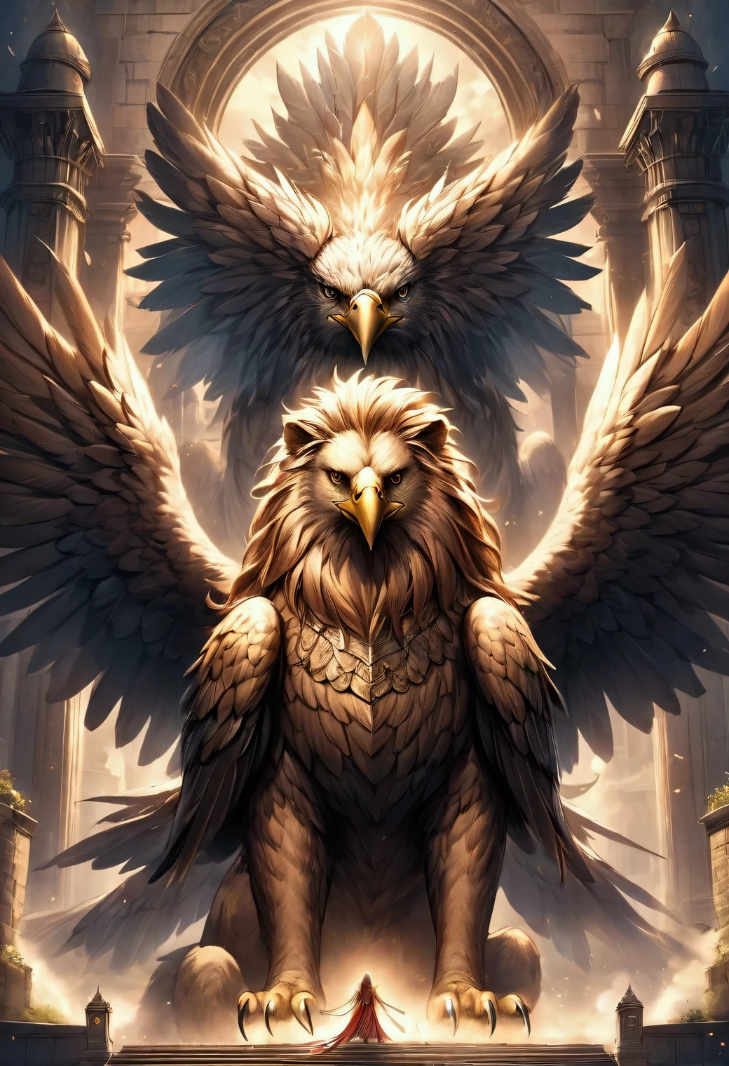 a majestic griffin, Eagle's head, beak, wings, with lion's body, standing guard at the gates of a mythical castle, embodying a powerful symbol of vigilance and strength as a sacred beast, fairy-tales style