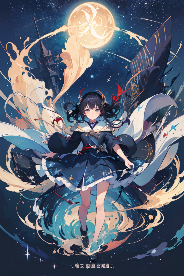 (masterpiece、Highest quality、Official Art:1.2)、Look at the viewers、(Girl))、(Wind Magic使いの服)(Black Hair)(Wind Magic!! ︎),Star Island、watering group),Colorful floating starry sky、(2D:1.5)
