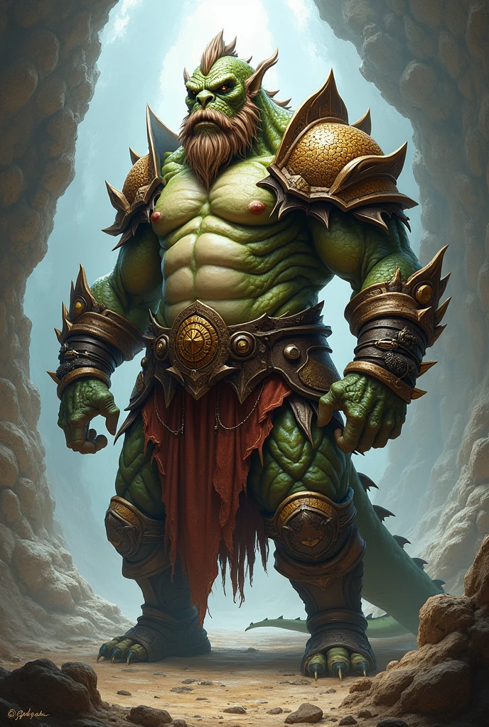 Creates the image of a Dragonborn dwarf , His body is mostly dragon mind only the height and clothing of a dwarf, he is all muscular , This drawing is in fantasy style