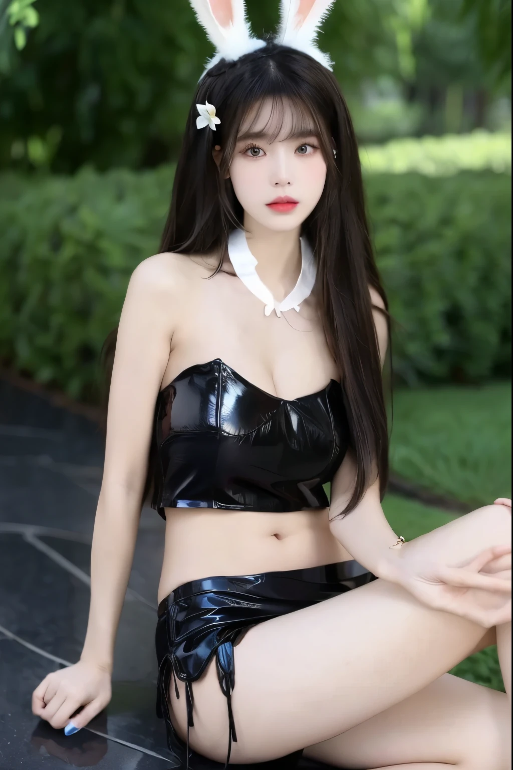 Beautiful woman with perfect body：1.4，Prominent cleavage，Layered Hairstyle，Highly detailed face and skin textures，Double eyelids，Skin Whitening，Long hair，Whitened long legs，（Rabbit ears、Black tube top、Black leather skirt）