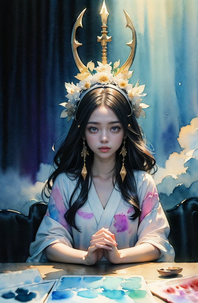(Tabletop, Highest qualityの, Highest quality, Official Art, (beautifully、aesthetic:1.4), (Watercolor:1.4) ), (Izanami 1.5), 日本のgod話の女god, Majestic beauty, 創造の女god、生命の女god、Typically、((((Typically))))、Reincarnation Support, god'Grace, Gentle and meditative expressions, Flowing, celestial garments, Shine、Created all the landscapes and worlds on Earth, A dazzling dance of light, Whispers of Ancient Legends,5Finger