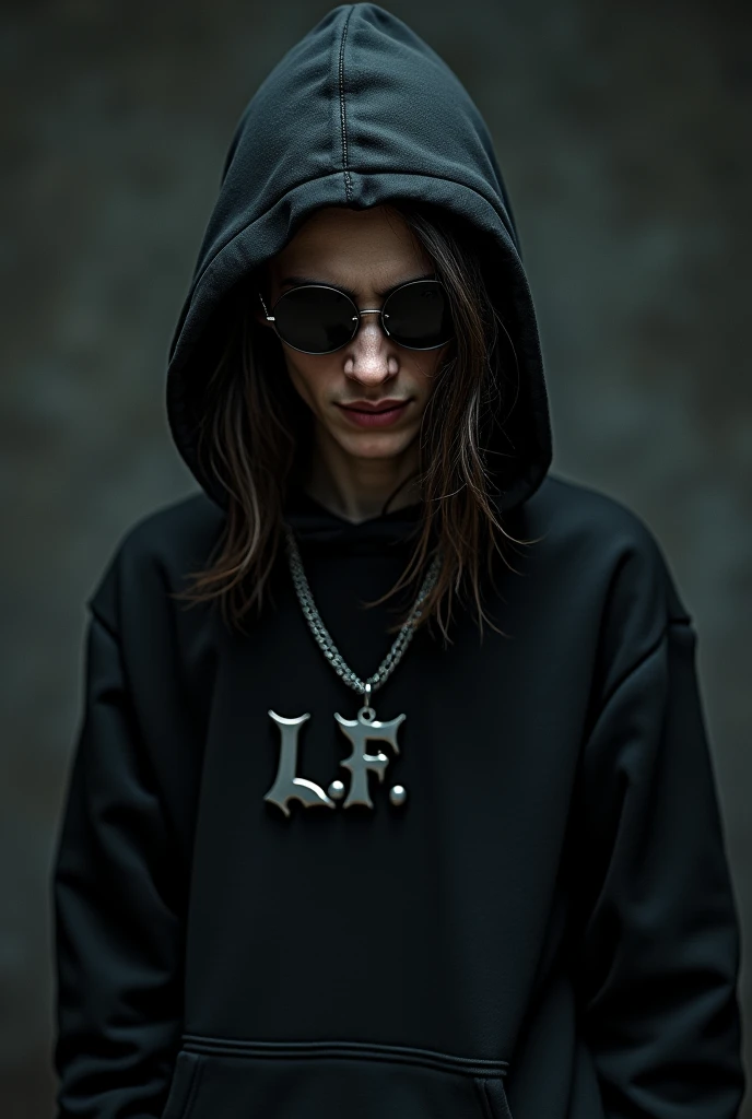 Young man with a hood wearing a black sweatshirt and sunglasses with a scary smile and long hair with a chain that says L.f