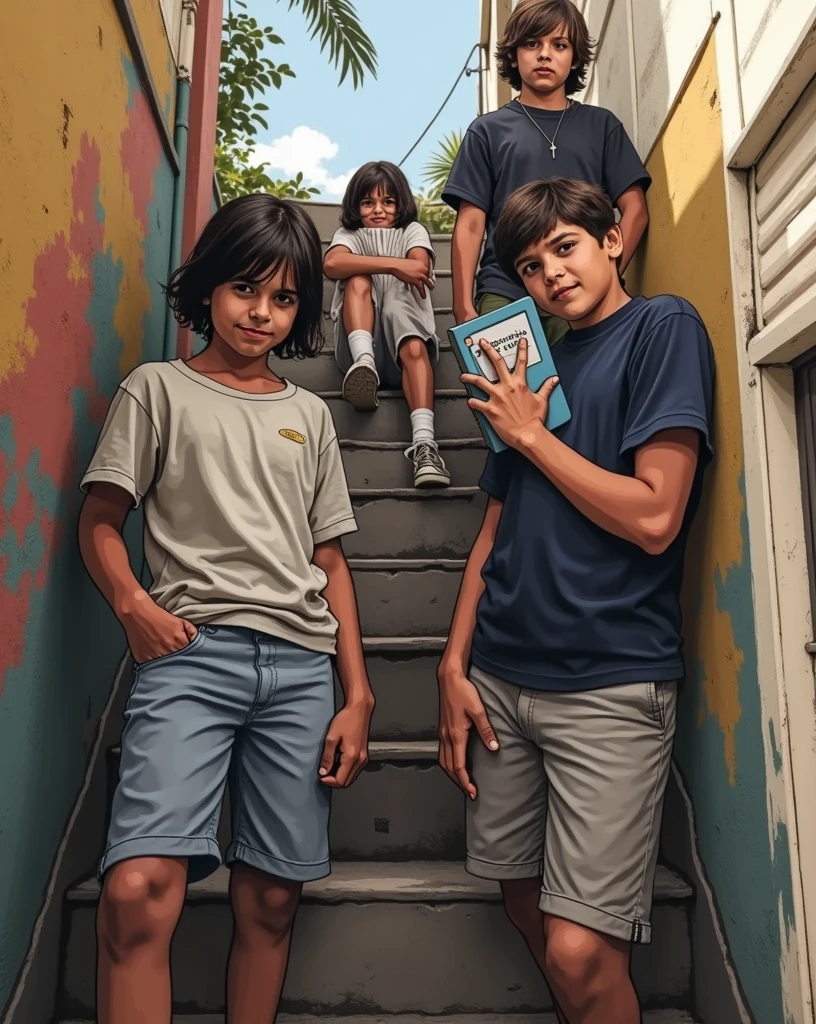 Draw a stencil shape of four children on a staircase, where two are standing, two sitting, all wearing a shirt covering their face and pointing books as if they were weapons, looking like bandits from the favelas of Rio de Janeiro.