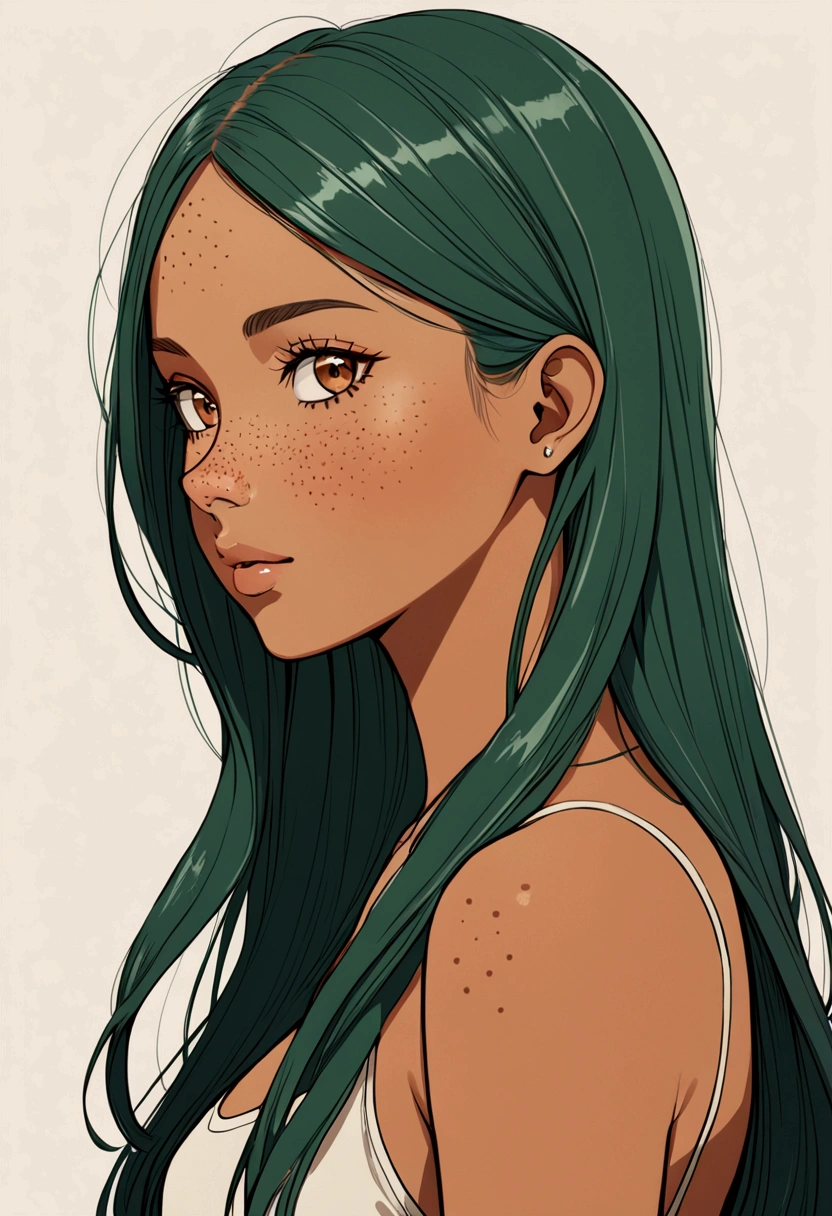 Tan skin Girl side view
dark green long hair with shaved side amber eyes freckles