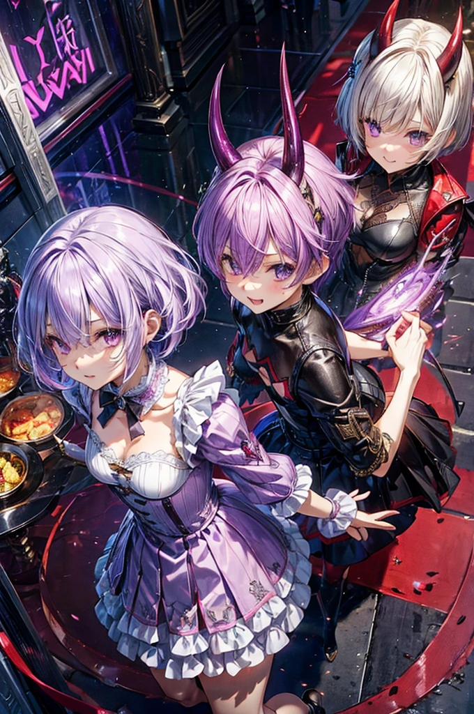 Light purple hair、Short Hair、((Devil's Daughter))、Cruelty、Non-Dao、、Small breasts、Black Robe、Black Mini Skirt、((Beautiful golden eyes))、One girl、Background mansion