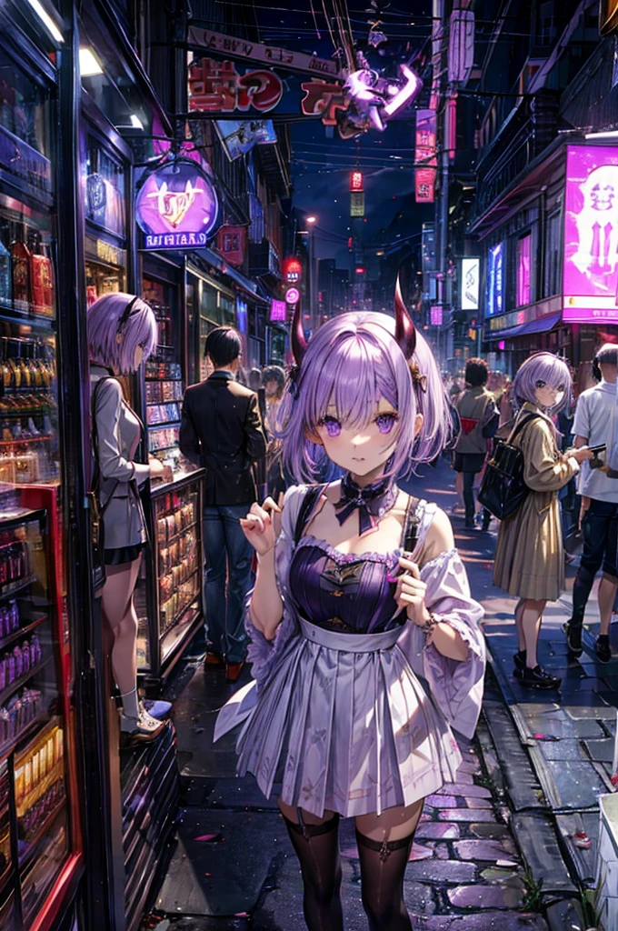 Light purple hair、Short Hair、((Devil's Daughter))、Cruelty、Non-Dao、、Small breasts、Black Robe、Black Mini Skirt、((Beautiful golden eyes))、One girl、Background mansion