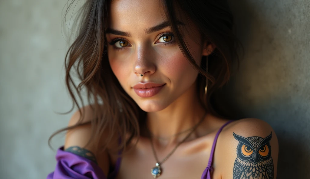 woman of slavic appearance, with brown eyes and dark eyebrows, fleshy lips, ultra detailed skin with a light tan, smiling, 30years, Scrawny, with an owl tattoo on his right arm, wearing a purple top and a pendant around her neck, has his nose pierced