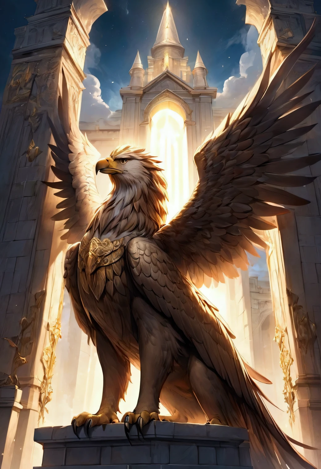 a majestic griffin, Eagle's head, beak, wings, with lion's body, standing guard at the gates of a mythical castle, embodying a powerful symbol of vigilance and strength as a sacred beast, fairy-tales style, from side below