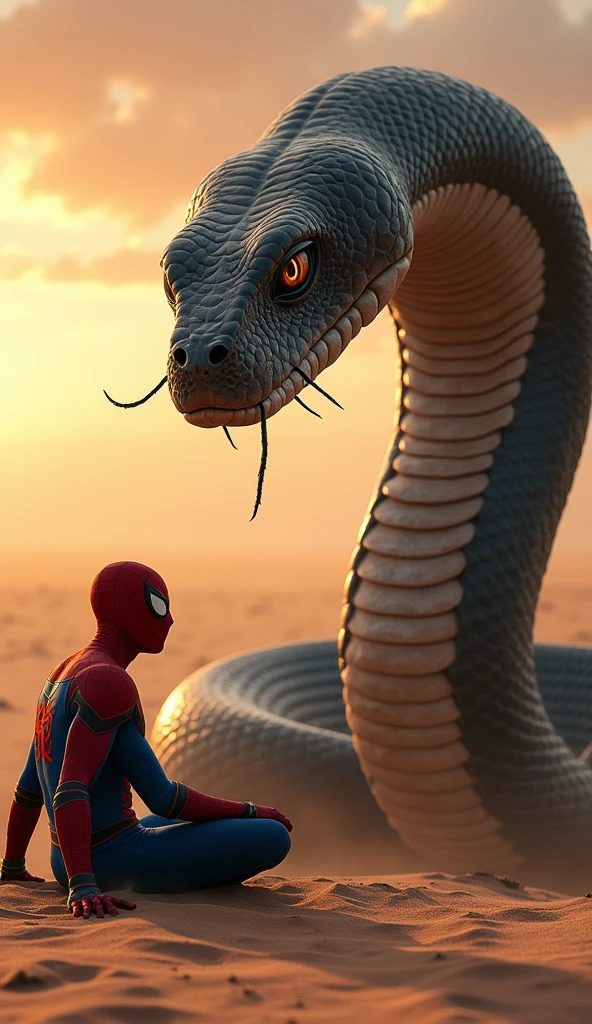 This image shows Spider-Man sitting in a pit in the middle of a desert, with a gigantic cobra snake towering in front of him. The cobra has its hood spread and appears ready to strike. The scene seems to be set during sunset, creating a dramatic and tense atmosphere. The image is highly stylized and likely represents a digitally created artwork or an imaginative scenario.