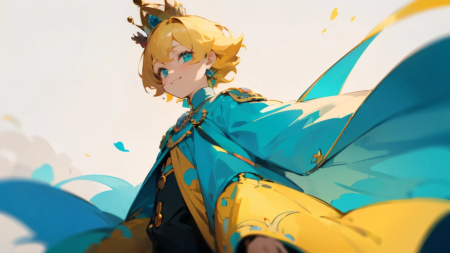 (1 little boy), solo, cute, kawaii, shiny blond hair, Beautiful turquoise eyes, ((prince)), Prince's clothes, light smile, (small and cute crown), Beautiful roses and flowers background, cowboy shot, from front, low angle, best quality, high quality, absurd-resolution, ultra detail, (masterpiece), 8k, full colors, vibrant colors,