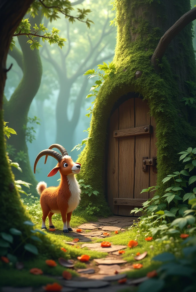Scene 1: Gideon's Discovery
- Script: "Gideon, a curious goat, stumbled upon a hidden door in the woods."