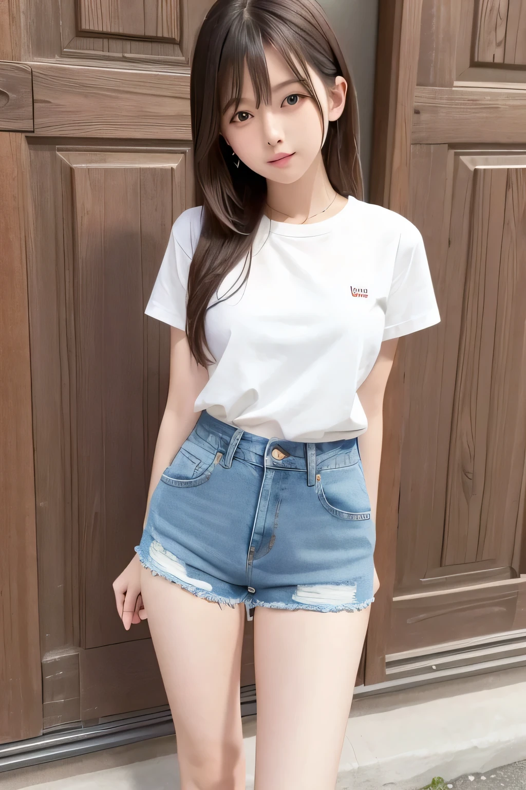 Extremely short, tight, and skinny denim shorts、A beautiful girl wearing boys' clothes at a Japanese elementary school in the 1970s.,she is cute and beautiful like an idol.,She is pure and innocent.,She is wearing a T-shirt,High socks and sneakers.Japanese,Black short bob,