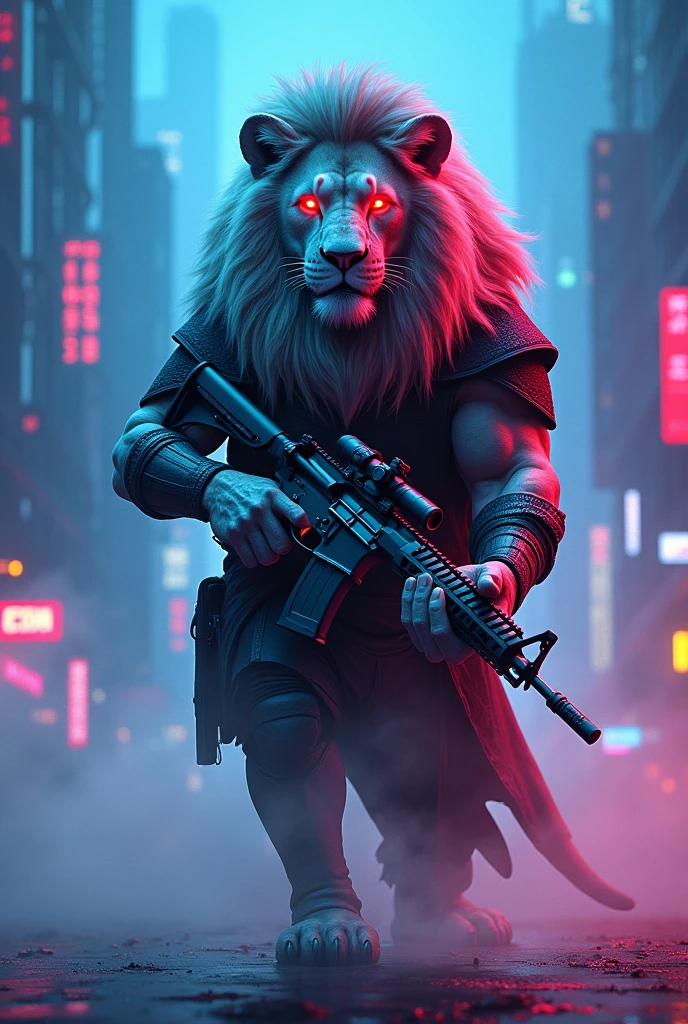 lion  with costume red glowing eyes, using m416 in cyberpunk neon city with blue and pink light 