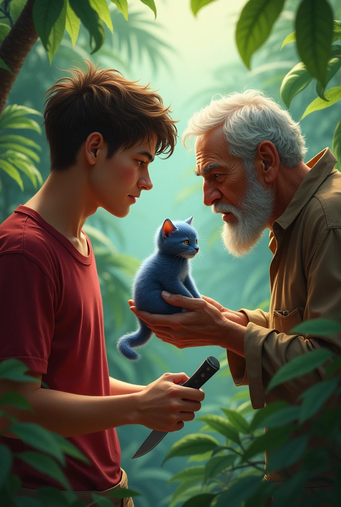  One day a young man with brown short hair  in red t-shirts wants to kill a little cute blue kitten with his knife in the jungle a poor old man with small French beard in Brown clothes come to save the kitten from the young man ai image
