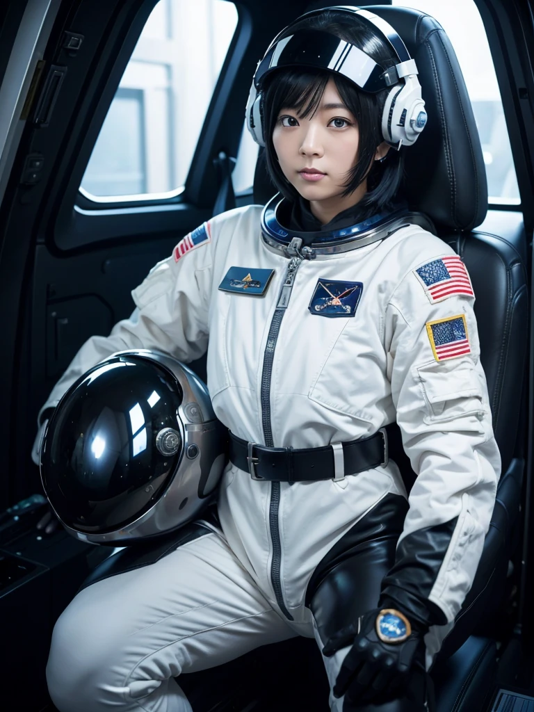 Japanese female astronaut,Black Hair,The spaceship's cockpit,Fully secured in the seat by a belt,A tight-fitting space suit,Wearing a helmet,Full chest,Slightly thicker,Squat