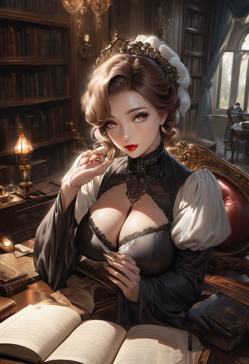 Grand black stepmother manifests as governess clad in high-fashion, silky, elegant fully covered attire with high neckline, pearl embellishments, and long sleeves, having a celestial aura, Victorian study background filled with dark mahogany, looming bookshelves, antique desk, open book, manipulative gaze toward underlings, vintage books, soft diffused lighting, chiaroscuro technique, ultra realistic, shining glamorous lipstick, sparkling, hypnotizing eyes, kind and passionate gaze, kind-hearted lady, four fingers and a thumb in each of hands and sexy polished fingernails, realistic, very big curvious bosoms