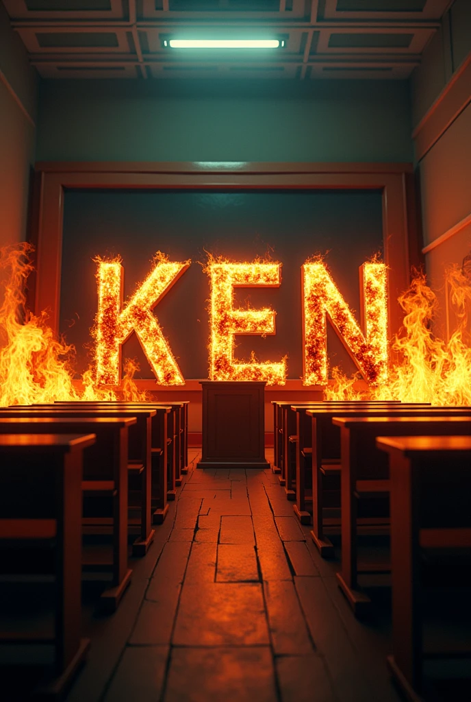 I want an image with the name 'ken' written on it and a background depicting a lecture hall and fire.