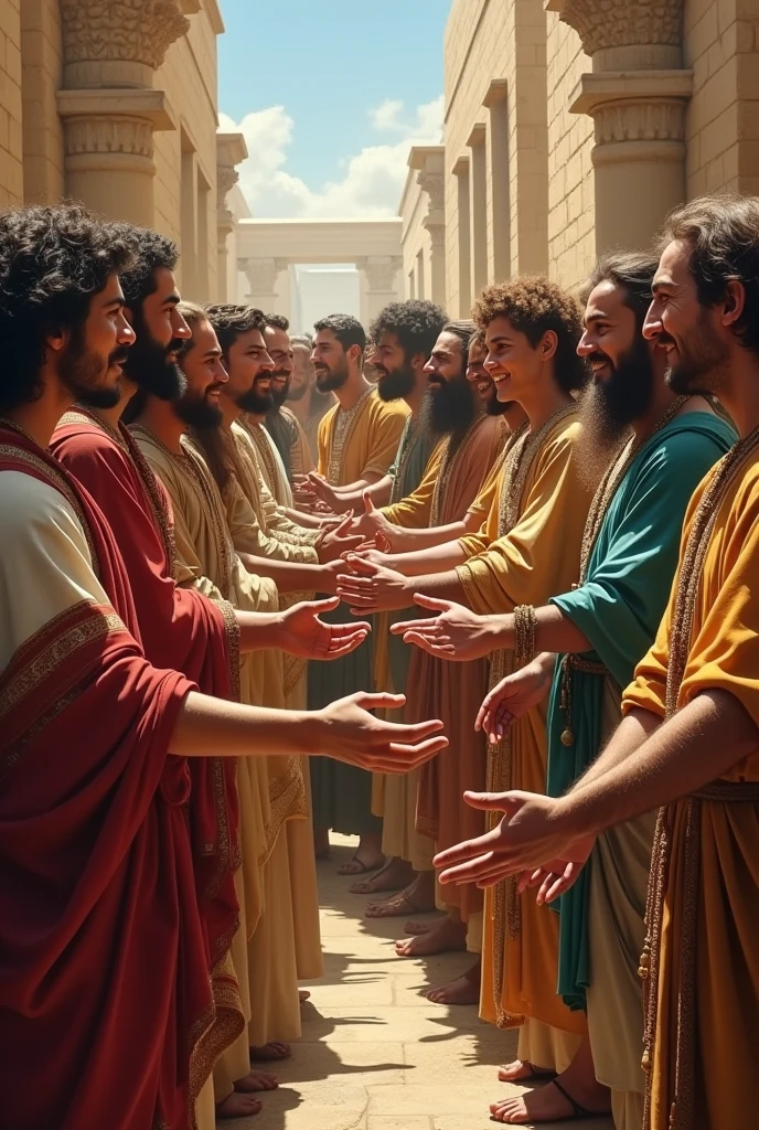 many people with different types of ancient clothing, Hebrews, Egyptians,novel,Babylonian,Persians,filisteas,amoreos. All the people looking forward happily with their hand in front making an invitation