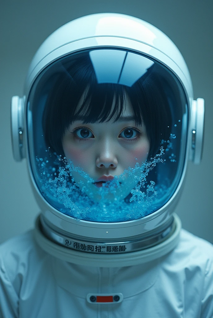 astronaut)bubble helmet,  , indoors,room, masterpiece, best quality, 1girl, solo, short hair, , ,(heart sayings:1.2), , trembling, HARD TO BREATH,, fog,water on the face, drowning, water torture, water in the helmet, blue visor helmet h(Face covered in blue water:1.3), Cute Japanese girl ,