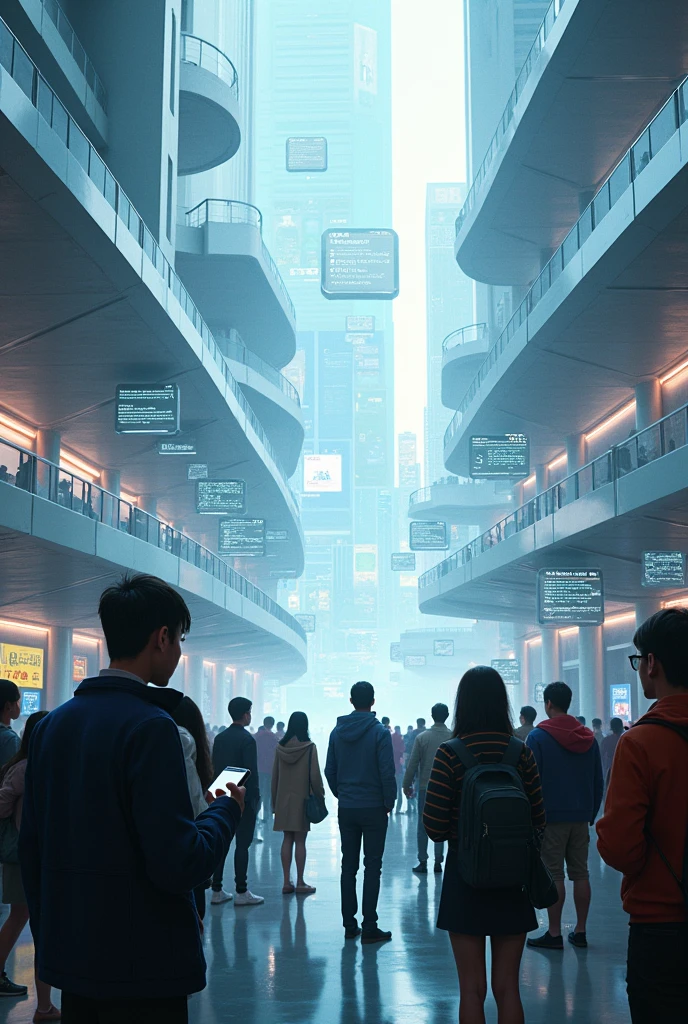 Create an image illustrating a people surrounding an individual using his phone in a technology advanced world