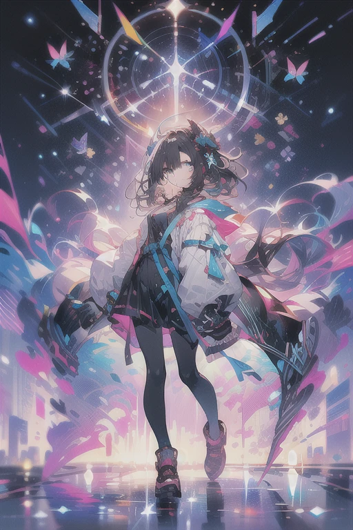 ((best quality)), ((masterpiece)), (detailed), 1girl, insanely detailed, tundra, delicate facial features, flat background, meiji art, half body photo, the glass that is broken and misaligned by the bullet that came out of the gun, dark_white